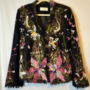 Nina Raynor Embroidered Art to Wear Jacket Floral Abstract Black Size L